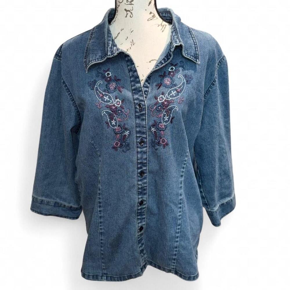 Vintage 1997 Erika Denim Shirt Beaded Paisley Embroidered Button Up XL Petite